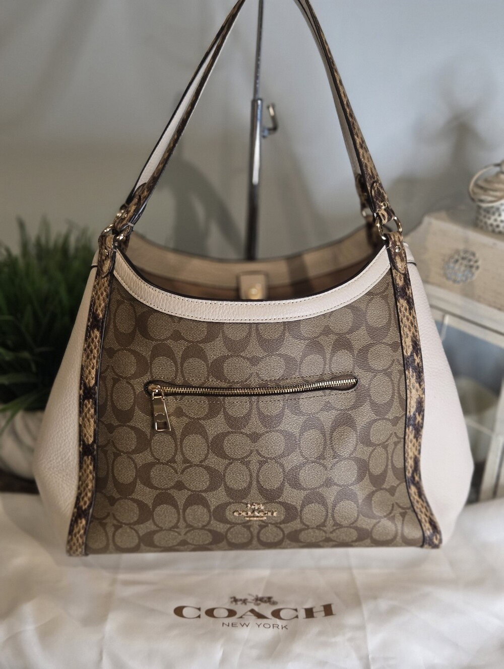 Coach Kristy Shoulder Bag in Signature Canvas with Snakeskin Trim (Style C6831)